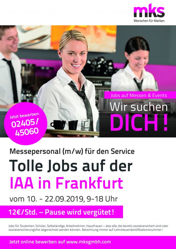 **12€/Std.** Studentenjobs (w/m/d) vom 10.09. – 22.09.2019 in Frankfurt auf der IAA!