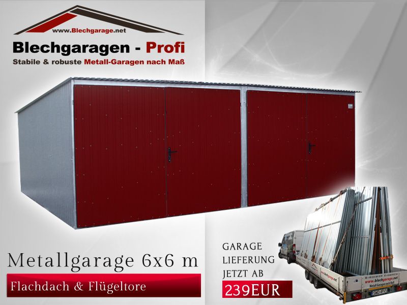 Doppel-Metallgarage Doppelgarage Metallgaragen Lager 6 x 5 m mit Flachdach und 2 x Doppelflügeltore 