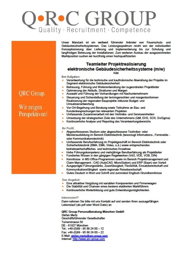 Teamleiter Projektrealisierung elektronische Gebäudesicherheitssysteme (m/w)
