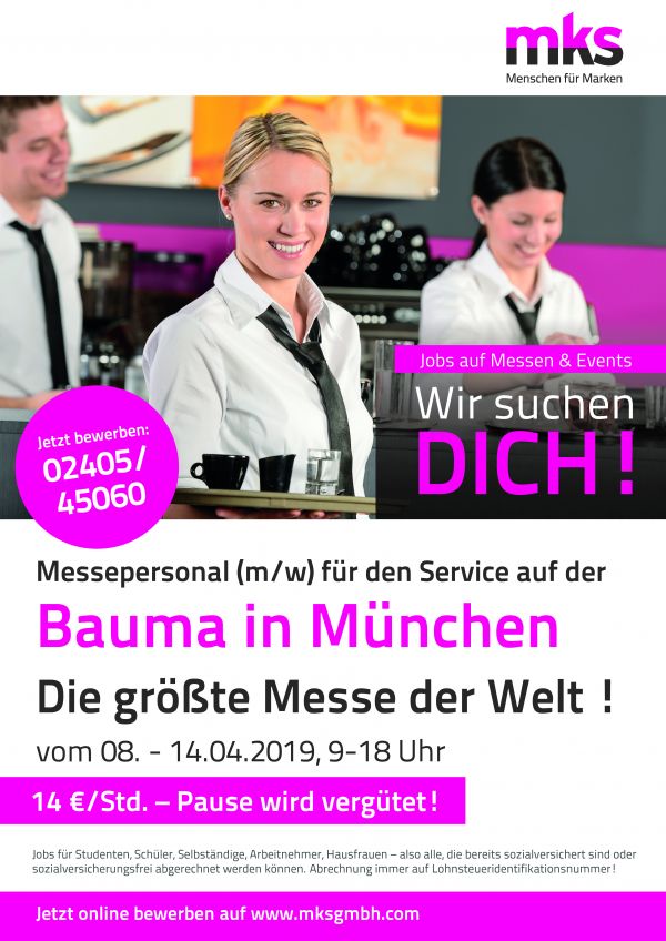 **TOP-VERDIENST** Studentenjobs (w/m/d) BAUMA 08.04. – 14.04.2019 in München!