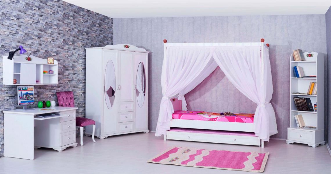 Kinderbett Kindermöbel Himmelbett CINDY mit Rollrost und Vorhang umwandelbar in ein Standartbet