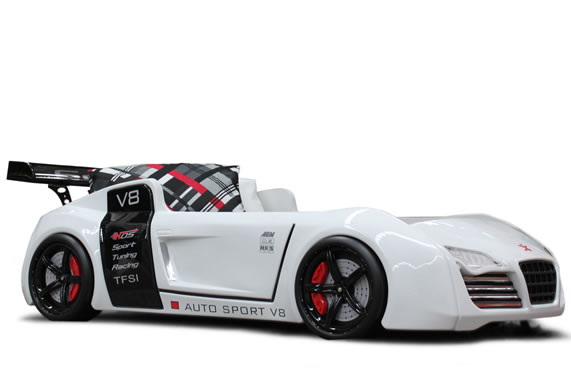 Kinderbett Autobett V8 mit LED Beleuchtung Spoiler und Rost mit verschiedenen Funktionen Tak3-Moebel