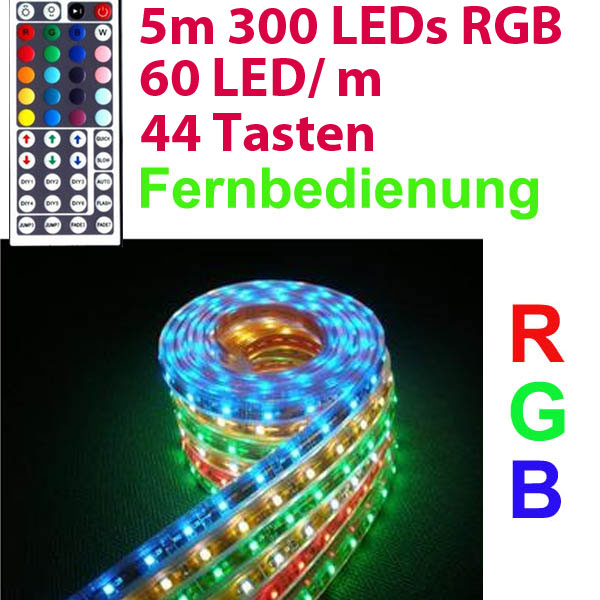 500cm 5m 60LEDs/m IP65 LED SMD STRIP LEISTE RGB 5050 + 44Key Fernbedienung